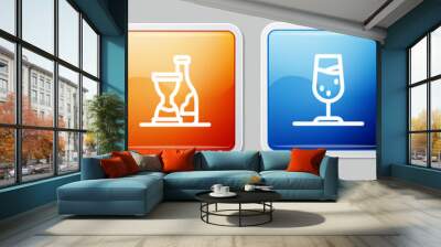 Set line Wine bottle with glass, Bottle of wine, and Champagne. Colorful square button. Vector Wall mural