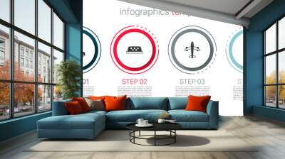 Set Passenger ladder for plane boarding, Taxi car roof, Plane and Airplane window. Business infographic template. Vector Wall mural