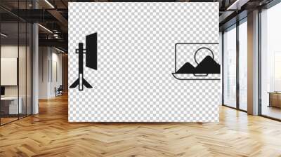 Set Photo camera, Studio light bulb in softbox, retouching and Camera focus frame line icon. Vector Wall mural