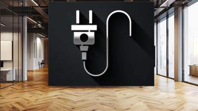 Silver Electric plug icon isolated on black background. Concept of connection and disconnection of the electricity. Long shadow style. Vector. Wall mural