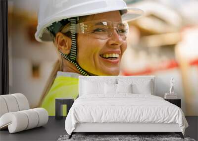 Smiling female construction worker in protective helmet standing against on construction background  Wall mural