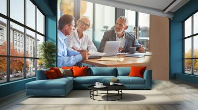 Three mature colleagues sitting in the modern office and discussing business strategy, business people working together Wall mural