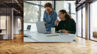 Two diverse business colleagues disscuss biz issue while use laptop in office background Wall mural