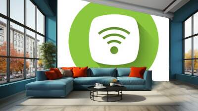 White Wi-Fi wireless internet network symbol icon isolated with long shadow. Green circle button. Vector Wall mural