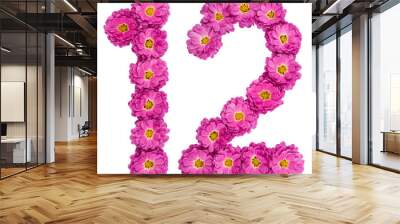 Arabic numeral 12, twelve, from flowers of chrysanthemum, isolated on white background Wall mural