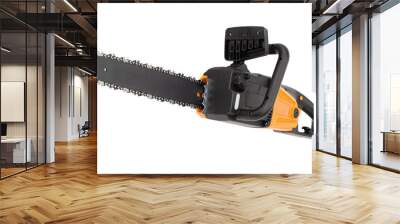 Orange electric chain saw, isolated on white background Wall mural