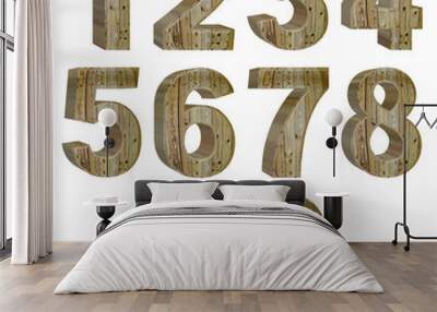 Set of arabic numbers, emitation wood texture, extrusion perspective on left, isolated on white background, 3d illustration Wall mural