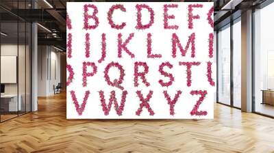 Set of english alphabet letters from natural red flowers of roses, isolated on white background Wall mural