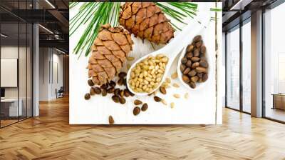 Cedar nuts in two spoons on board top Wall mural