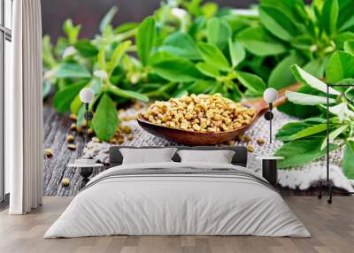 Fenugreek in spoon with leaves on board Wall mural