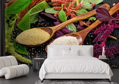 Flour and seeds amaranth in two spoons on board Wall mural