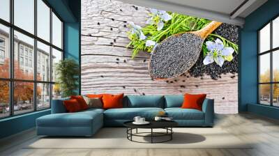 Flour of kalingi in spoon with flower on board top Wall mural