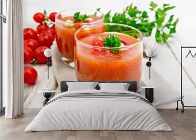 Soup tomato in two glasses on board Wall mural