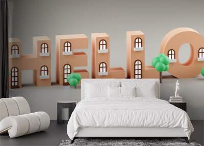 3d Cute little houses on grey background saying hello. 3D Illustration Wall mural