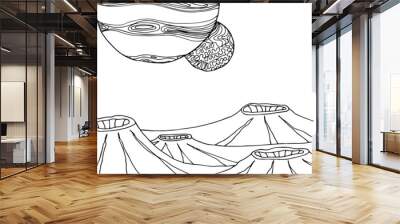 Doodle alien fantasy crater landscape coloring page for adults. Fantastic graphic artwork. Hand drawn illustration Wall mural