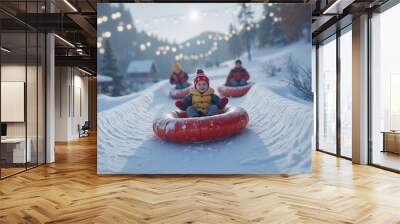 A group of children sledding down a hill in the snow Wall mural