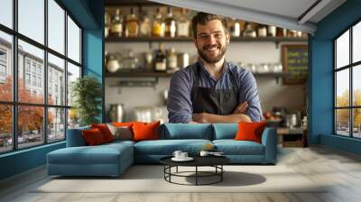 A man standing behind a bar with his arms crossed Wall mural