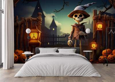 A skeleton in a witch hat standing in front of a fence with pumpkins Wall mural