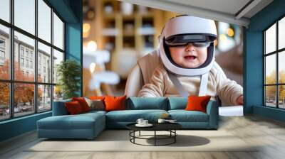 Baby sitting in high chair wearing helmet on it's head. Wall mural