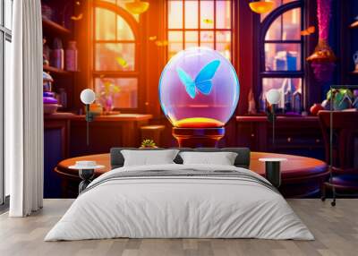 Glass ball with butterfly on it sitting on top of table. Wall mural