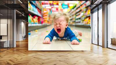 Little boy that is laying down on the ground in grocery store. Wall mural