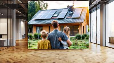 Man and two children standing in front of house with solar panel on the roof. Wall mural