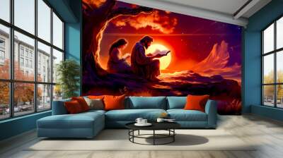 Painting of man and woman sitting under tree reading book. Wall mural