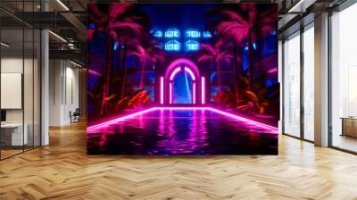 Pool surrounded by palm trees with neon light at the end of it. Wall mural