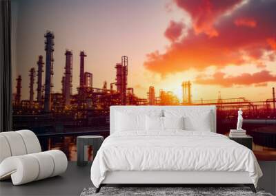 The sun is setting over large industrial area near body of water. Wall mural