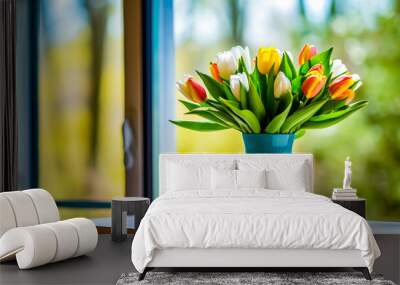 Vase of tulips sits on window sill in front of sunny window. Wall mural