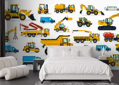 A large set of construction equipment, transportation for the construction site, cargo truck, bus, excavator, crane, tractor. Machines for building services. Shipping by cars. Vector illustration Wall mural