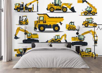 big set of construction equipment. special machines for the construction work. forklifts, cranes, ex Wall mural