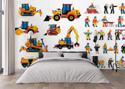 Set of construction machinery and construction site workers. Building transport and builders. Engineers, managers, architects. Vector illustration isolated on white background. Wall mural