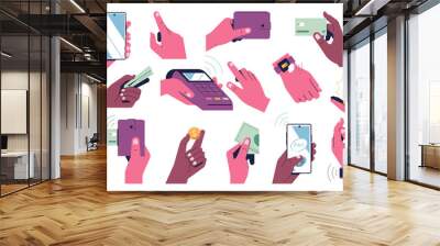 Set of hands making payment. Contactless payment by phone, bank card, watch, devices with nfs. Terminal, wallet, banknotes, coins, phone screen, online money transfers, banking. Vector illustration Wall mural