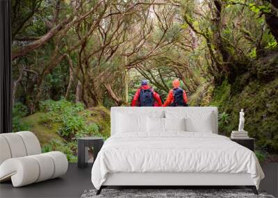 Sporty tourist couple on hiking trail in Anaga Rural Park - ancient rain forest on Tenerife, Canary Islands. Wall mural