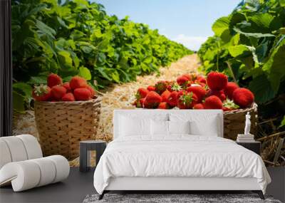 Strawberry field on fruit farm. Fresh ripe organic strawberry Wall mural