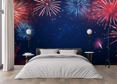 Independence day festive background. Blue red white fireworks on dark night sky with copy space. Wall mural