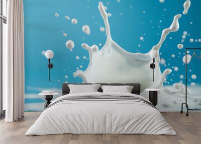 Milk splashes on blue background. Wall mural