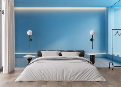 Universal minimalist blue background for presentation. Light blue wall with built-in lighting. Wall mural