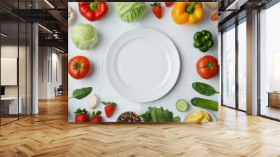 World food day, vegetarian day, vegan day concept. Top view of fresh vegetables, fruits, with empty plate on white background. Wall mural