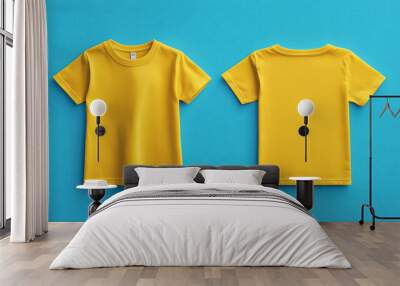 Yellow kids t-shirt front and back view isolated on blue background.T-shirt design template. Blank t-shirt for printing. Wall mural