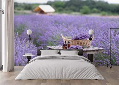 Amber essential lavender oil bottle. Violet lavendar field in Provence. Wall mural