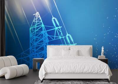 Blue electric power transmission tower. Wall mural