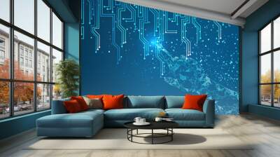 Human hand points to electrical circuit with shine sparks. Digit board of tecnology electron background. Abstract blue light bacdrop. Digital Vector Illustration. Wall mural