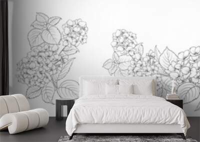 Set of different branches of hydrangeas, pattern and circle frame on white background. Wall mural