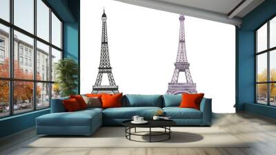 Set of differents Eiffel tower on white background. Watercolor, line art, outline illustration. Wall mural