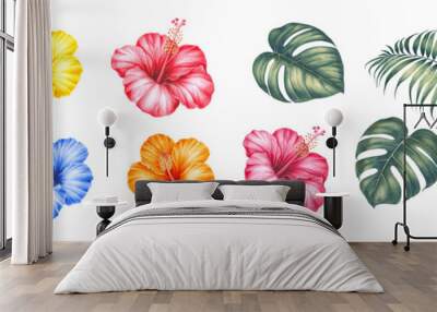 Watercolor elements of blooming hibiscus. Tropical set garden flowers. Collection botanic illustration leaves, flower and branches. Wall mural