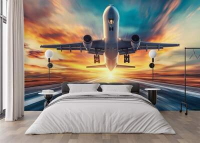 Aerospace landing with sunset sky background. Airplane flying and returning to the land Wall mural