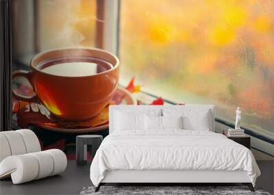 Cup of coffee with Fall Autumn season surrounding background Wall mural