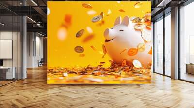 Happy Piggy bank in shopping concept Wall mural